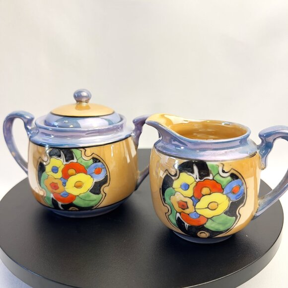 Japanese Vintage Lusterware Sugar & Creamer Set Iridescent Purple Glaze - Picture 7 of 10